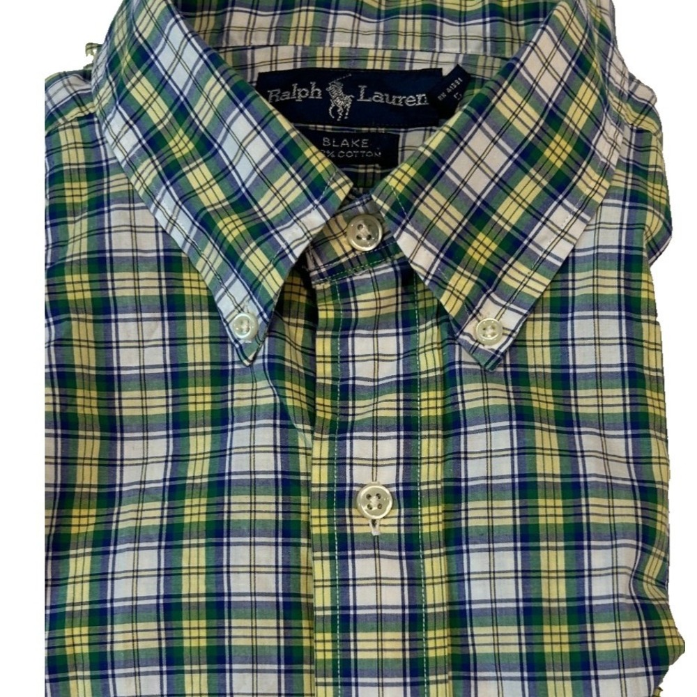 Ralph Lauren Blake Shirt XL Mens Green Yellow Blue Plaid Short Sleeve Cotton